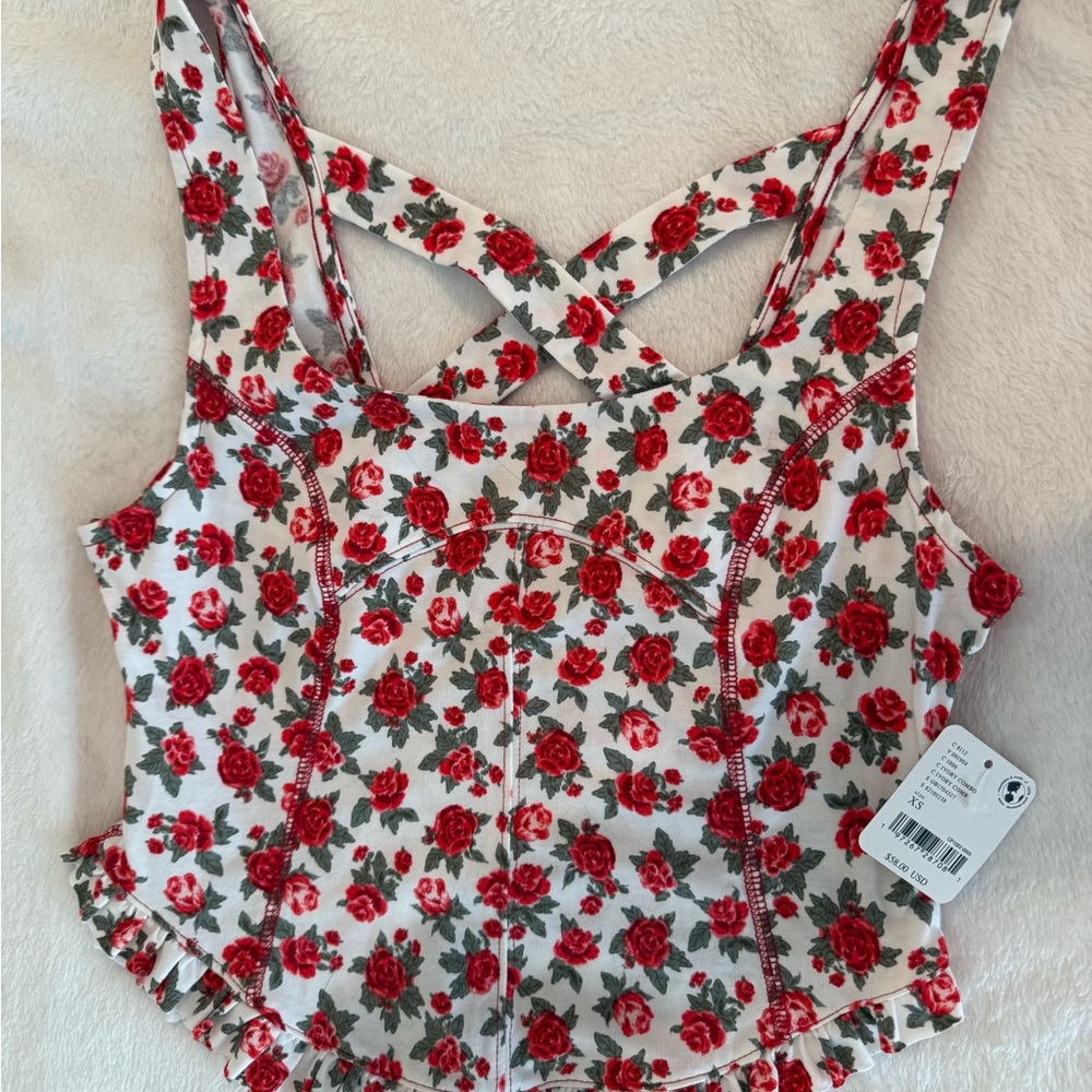 Free People White and Red Fitted Crop Tank